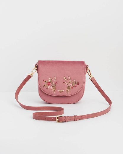 Beth Floral Posy Embroidered Saddle Bag in Rose Pink Velvet