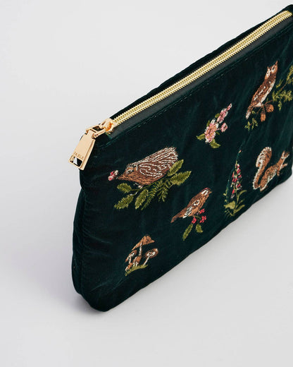 Meadow Scene Embroidered Medium Pouch in Forest Green Velvet