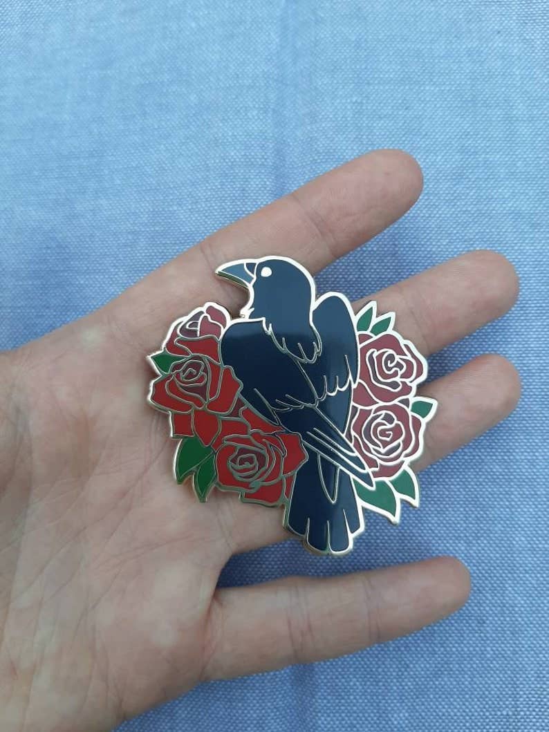 Crow and Roses Hard Enamel Pin