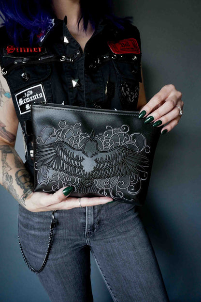 Filigree Raven Black Cosmetic Bag - Handmade, Vegan Leather, Gunmetal Hardware