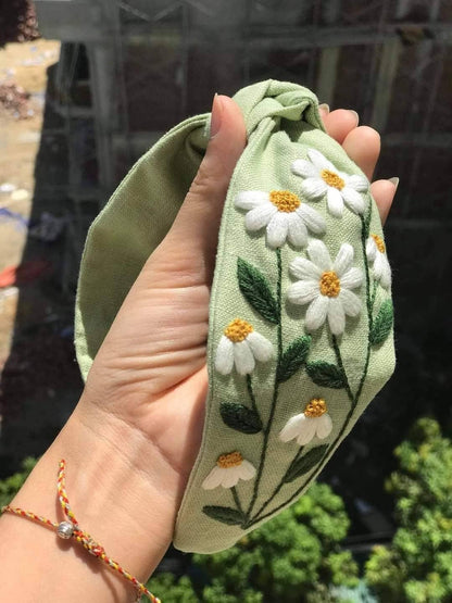 Floral Embroidered Linen Knot Turban-Style Headband