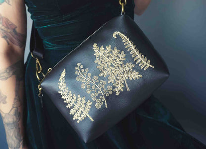 Black and Gold Forest Ferns Small Crossbody Bag – Handmade, Vegan Leather, Gold Embroidery, Brass Hardware