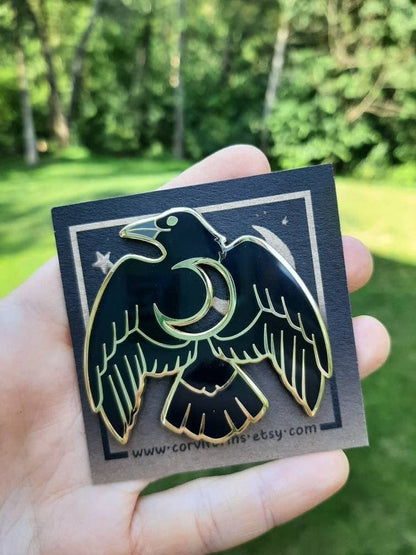 Moon Crow Cutout Black Hard Enamel Pin