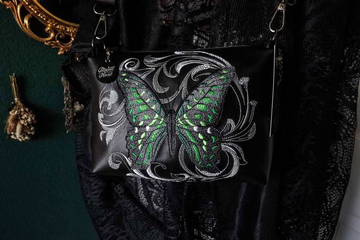 Baroque Tailed Jay Green Spotted Butterfly Small Crossbody Bag – Handmade, Vegan Leather, Colorful Embroidery, Gunmetal Hardware