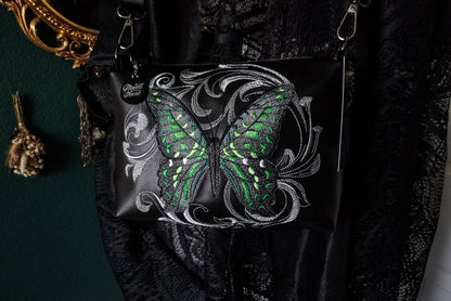 Baroque Tailed Jay Green Spotted Butterfly Small Crossbody Bag – Handmade, Vegan Leather, Colorful Embroidery, Gunmetal Hardware