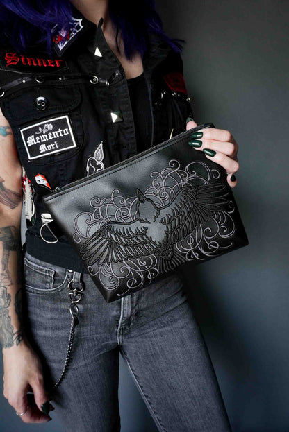 Filigree Raven Black Cosmetic Bag - Handmade, Vegan Leather, Gunmetal Hardware