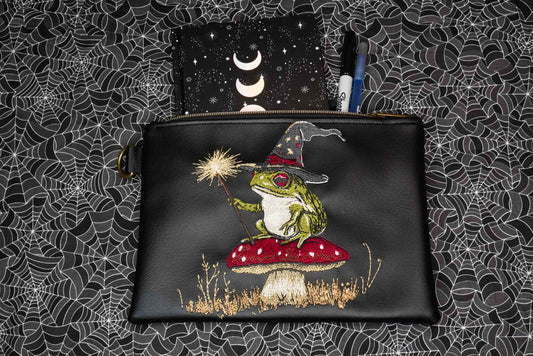 Frog Witch Black Flat Zip Pouch with Brass Hardware