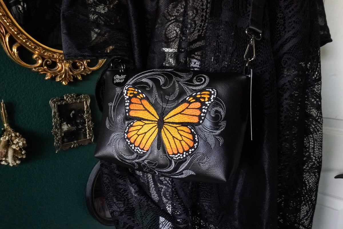 Baroque Monarch Butterfly Small Crossbody Bag – Handmade, Vegan Leather, Colorful Embroidery, Gunmetal Hardware