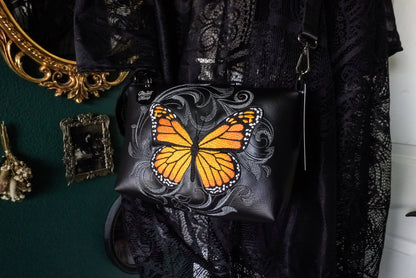 Baroque Monarch Butterfly Small Crossbody Bag – Handmade, Vegan Leather, Colorful Embroidery, Gunmetal Hardware