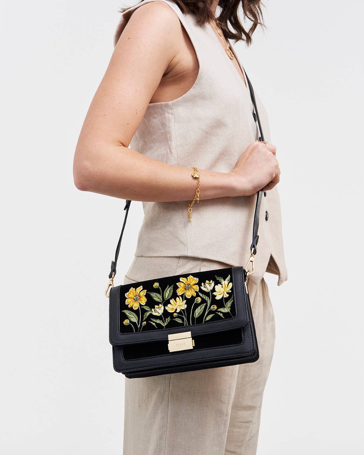 Botanical Black Velvet Embroidered Foldover Bag