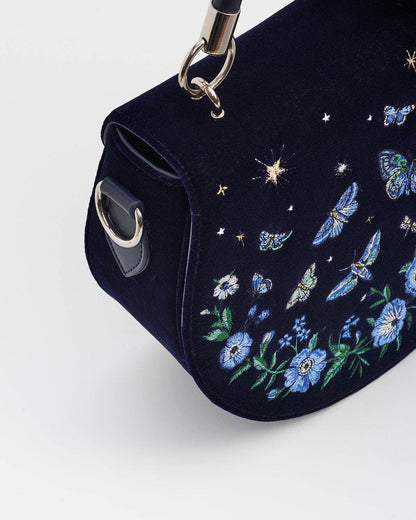 Charlotte Butterfly Embroidered Saddle Bag in Navy Velvet