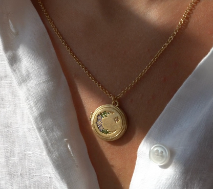 Nightshade Moon Round Gold Locket Chain Necklace