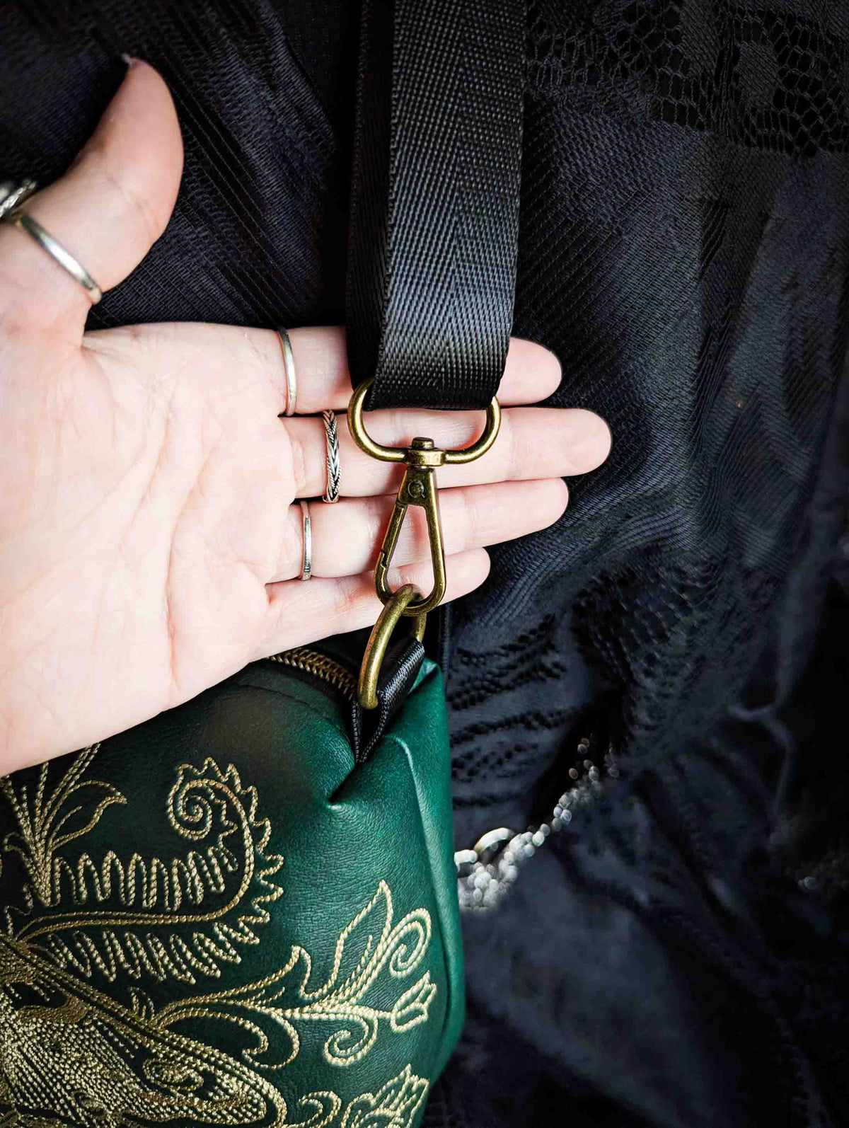 Forest Green and Gold Forest Moth Small Crossbody Bag – Handmade, Vegan Leather, Gold Embroidery, Brass Hardware
