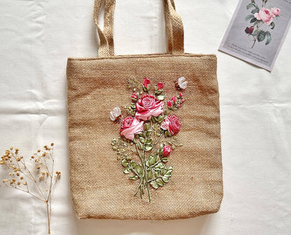 Ribbon Embroidered Rose Jute Tote Bag