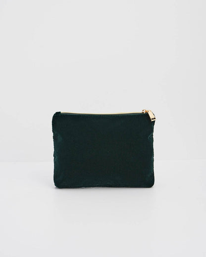 Meadow Scene Embroidered Medium Pouch in Forest Green Velvet