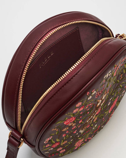 Chloe Owl Embroidered Circle Bag in Burgundy