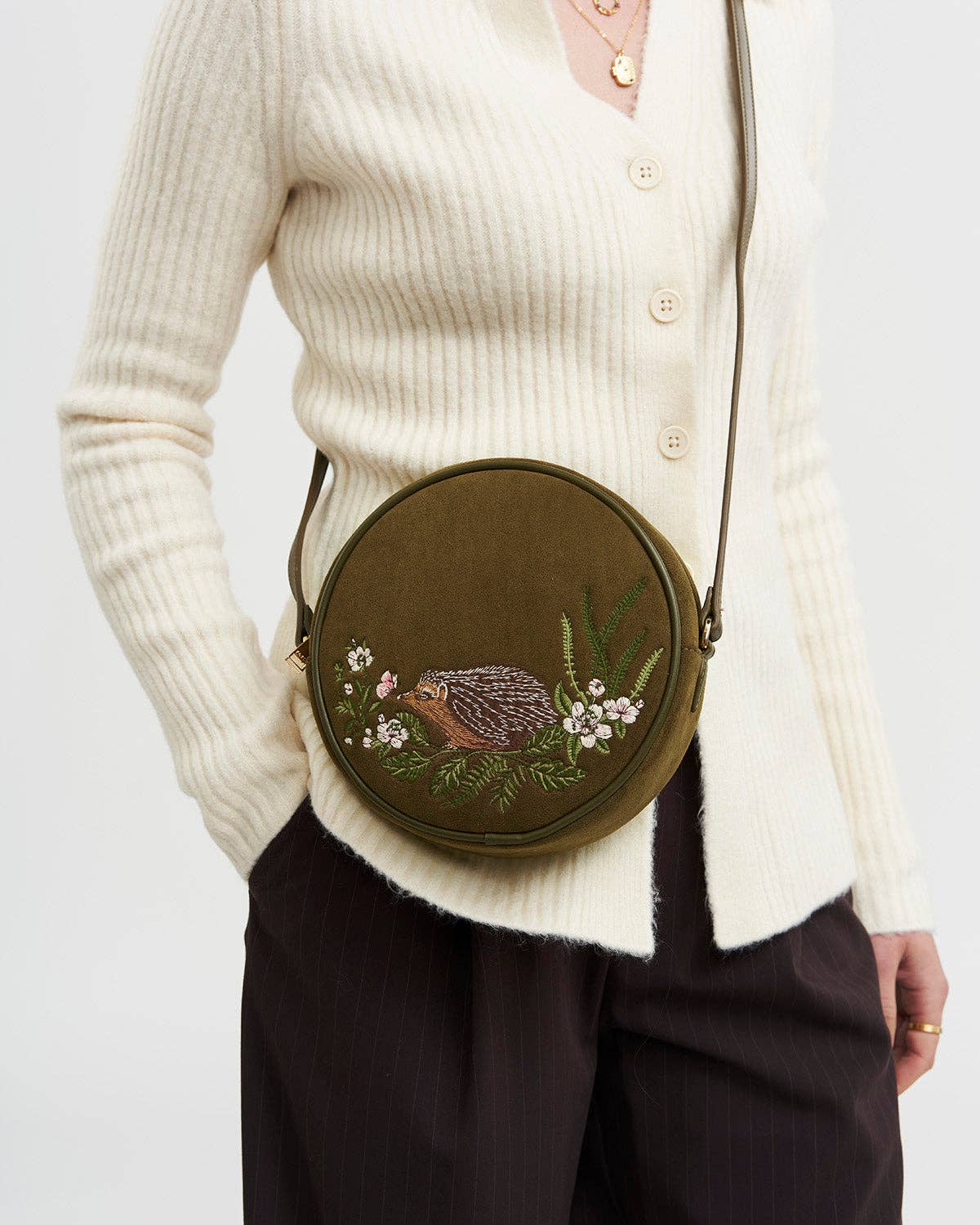 Chloe Hedgehog Embroidered Circle Bag in Khaki Suedette