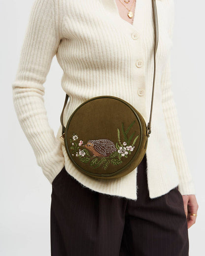 Chloe Hedgehog Embroidered Circle Bag in Khaki Suedette