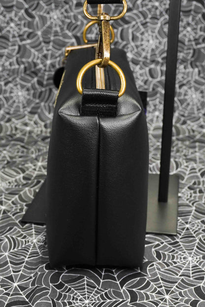 Girl Dinner Praying Mantis Black Small Crossbody Bag - Handmade, Vegan Leather, Embroidery, Brass Hardware