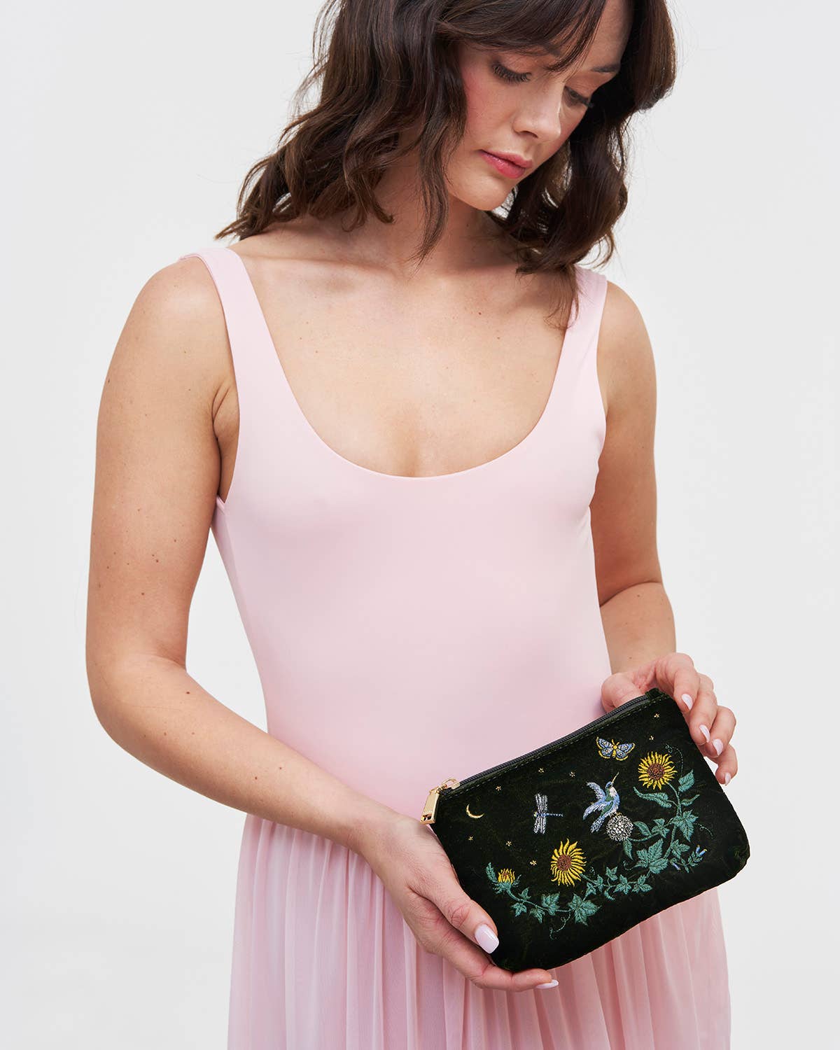 Sunflower Green Velvet Embroidered Pouch