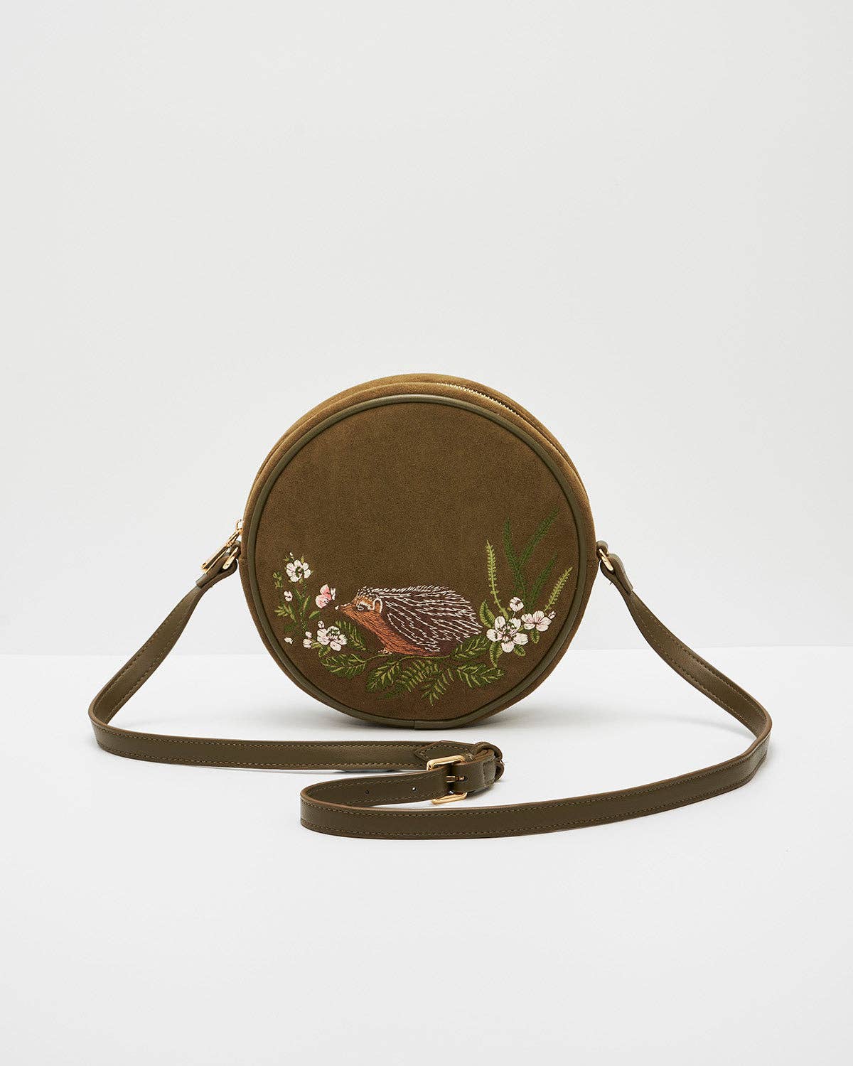 Chloe Hedgehog Embroidered Circle Bag in Khaki Suedette