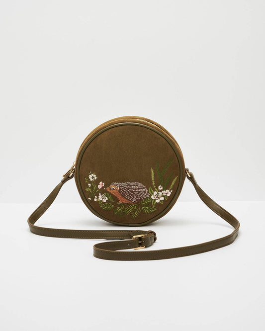 Chloe Hedgehog Embroidered Circle Bag in Khaki Suedette