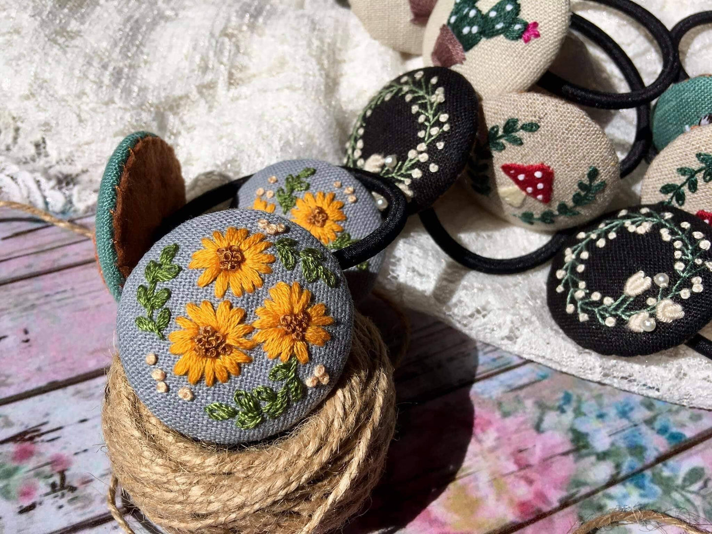 Embroidered Button Hair Tie