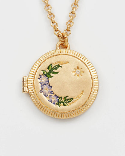 Nightshade Moon Round Gold Locket Chain Necklace