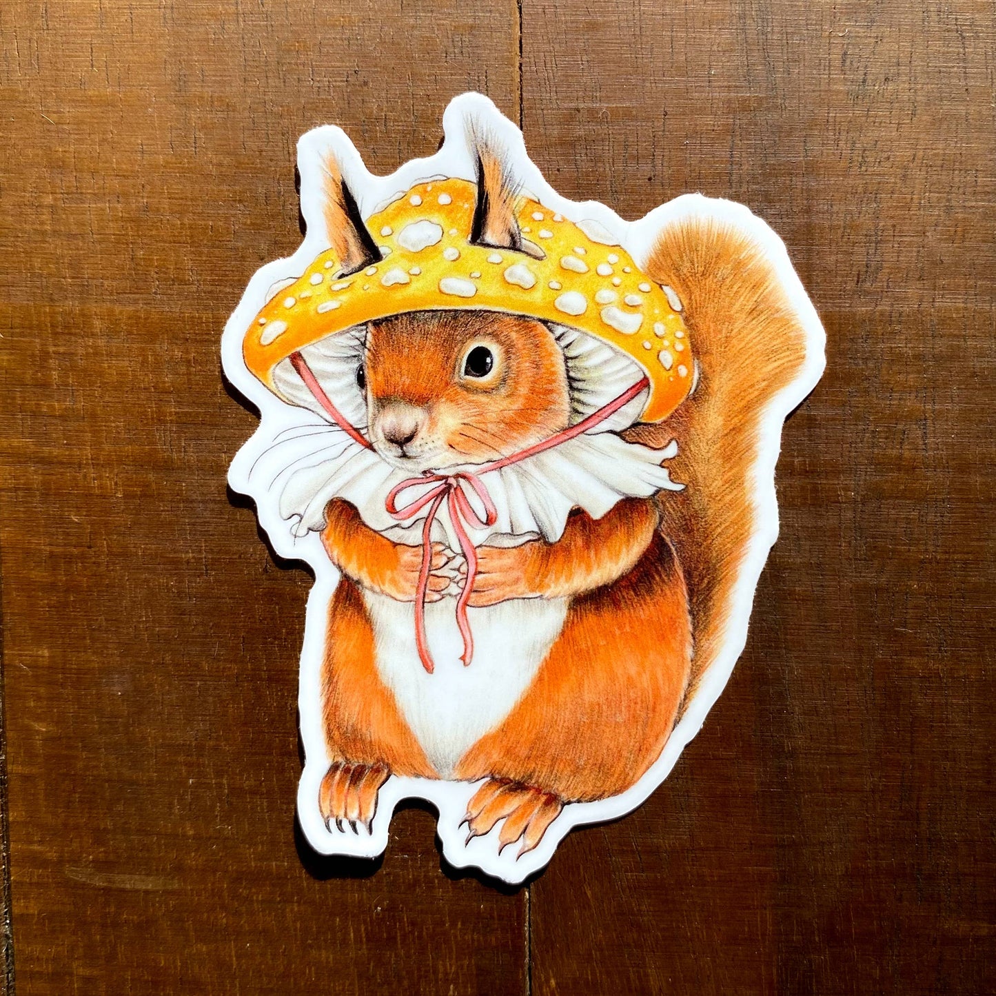 Red Squirrel in Mushroom Hat Weatherproof Vinyl Sticker