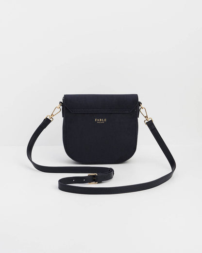 Beth Floral Applique Saddle Bag in Navy Suedette