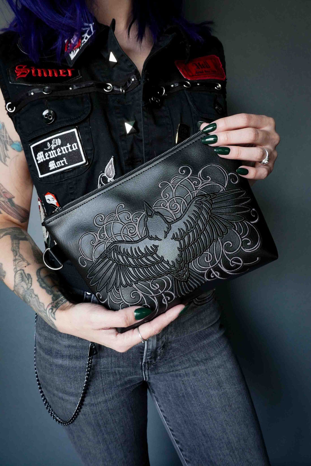 Filigree Raven Black Cosmetic Bag - Handmade, Vegan Leather, Gunmetal Hardware