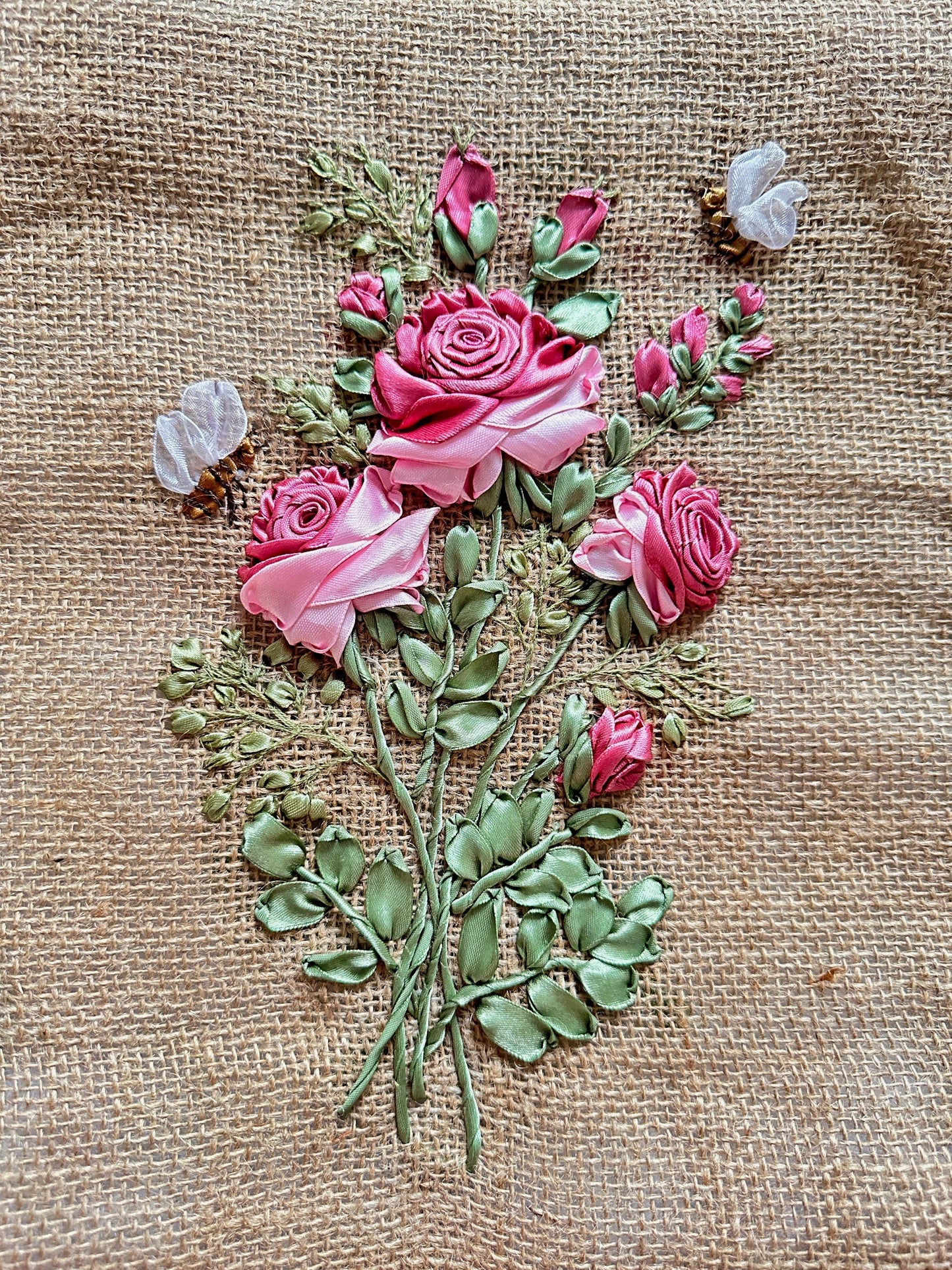 Ribbon Embroidered Rose Jute Tote Bag