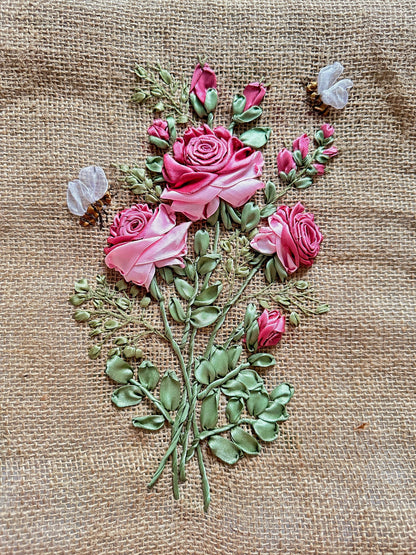 Ribbon Embroidered Rose Jute Tote Bag