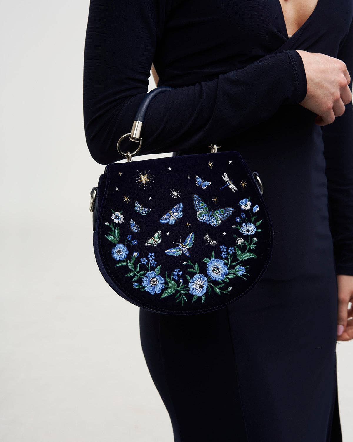 Charlotte Butterfly Embroidered Saddle Bag in Navy Velvet