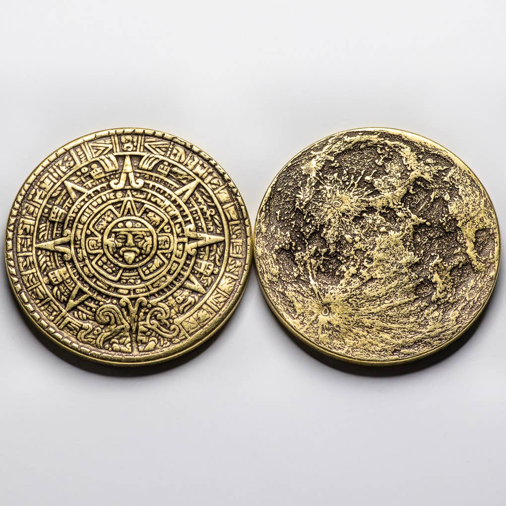 The Sun and Moon Worry Coin - Aztec Sun Stone and Moon