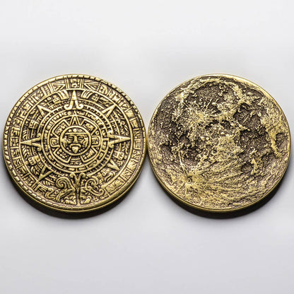 The Sun and Moon Worry Coin - Aztec Sun Stone and Moon