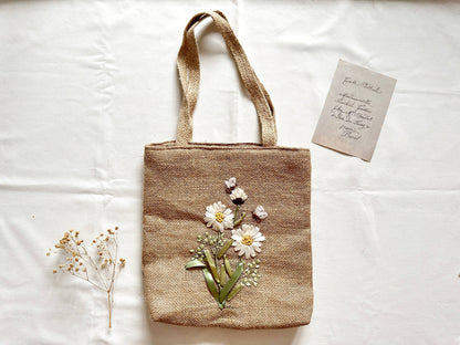 Ribbon Embroidered Daisy Branch Jute Tote Bag