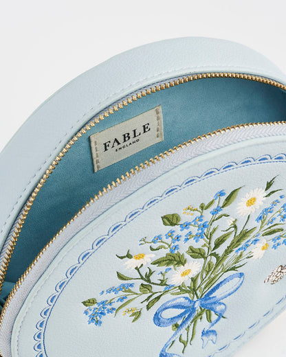 Floral Bow Blue Embroidered Circle Bag