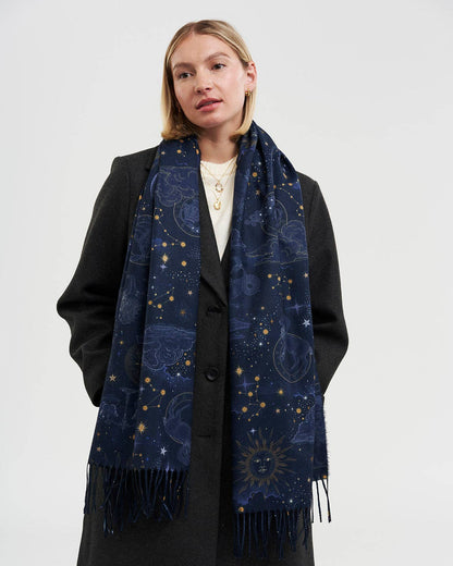 Zodiac Long Fringed Scarf in Navy