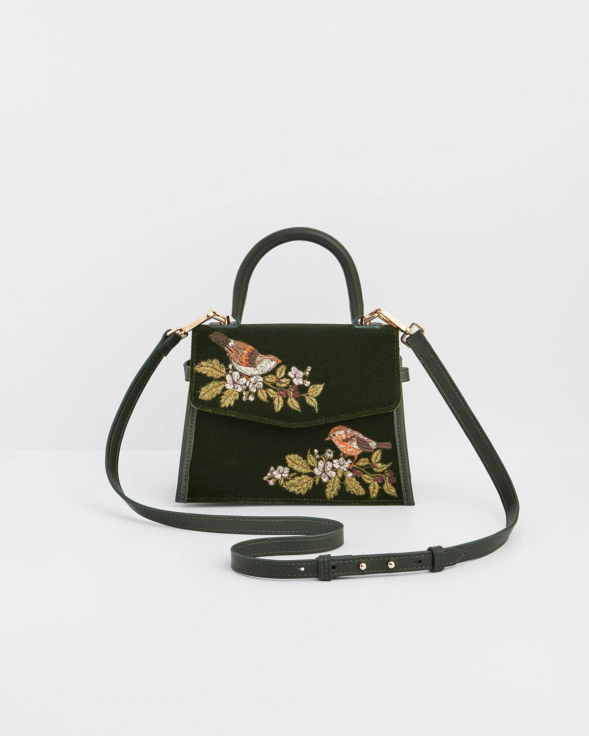 Eliza Wren Embroidered Top Handle Purse in Green Velvet