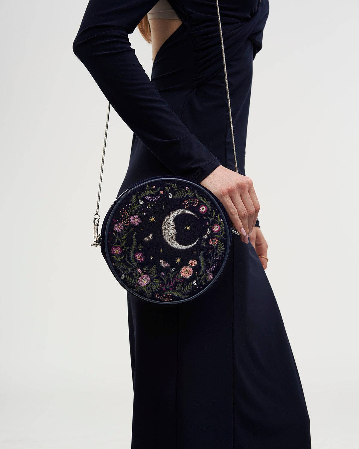 Chloe Midnight Garden Embroidered Circle Bag in Navy Velvet