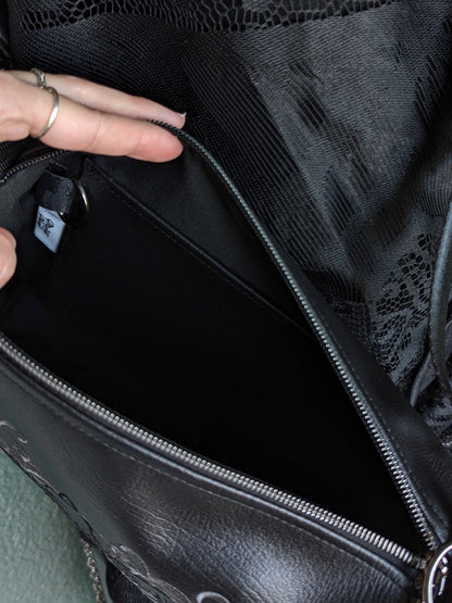 Filigree Raven Black Medium Crossbody Bag - Gunmetal Hardware, Embroidered Purse, Vegan Leather