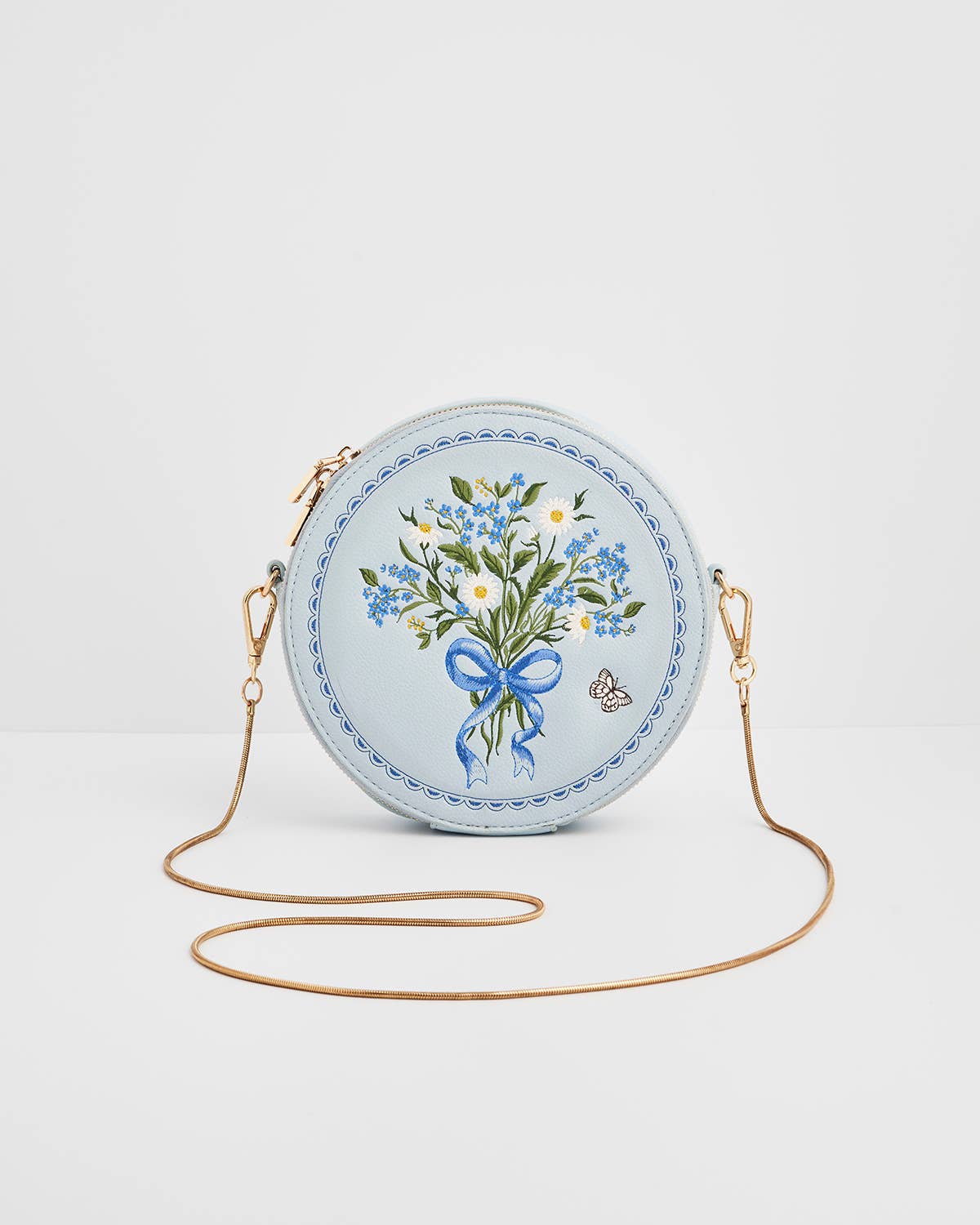 Floral Bow Blue Embroidered Circle Bag