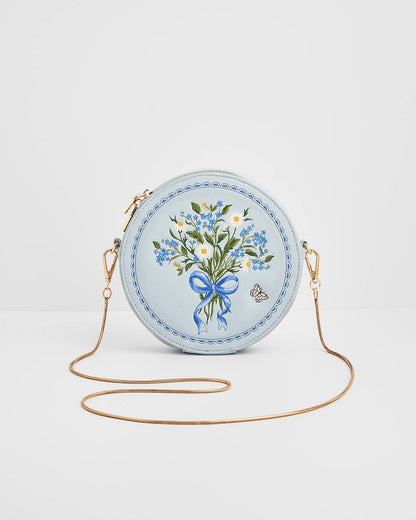Floral Bow Blue Embroidered Circle Bag