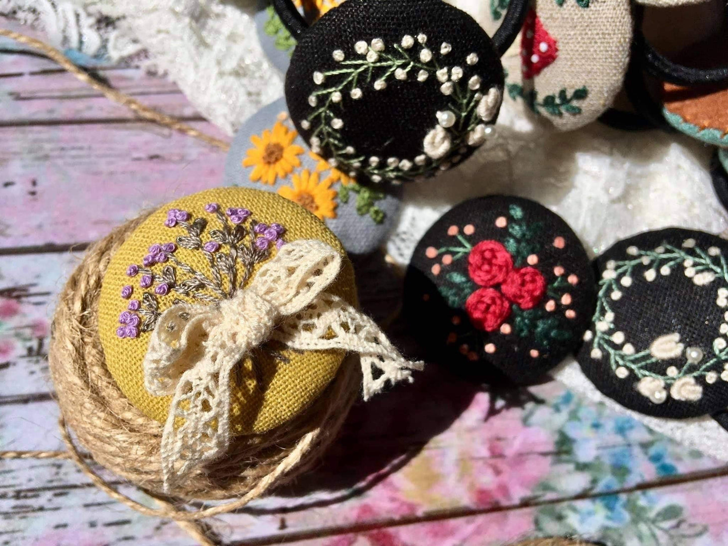 Embroidered Button Hair Tie