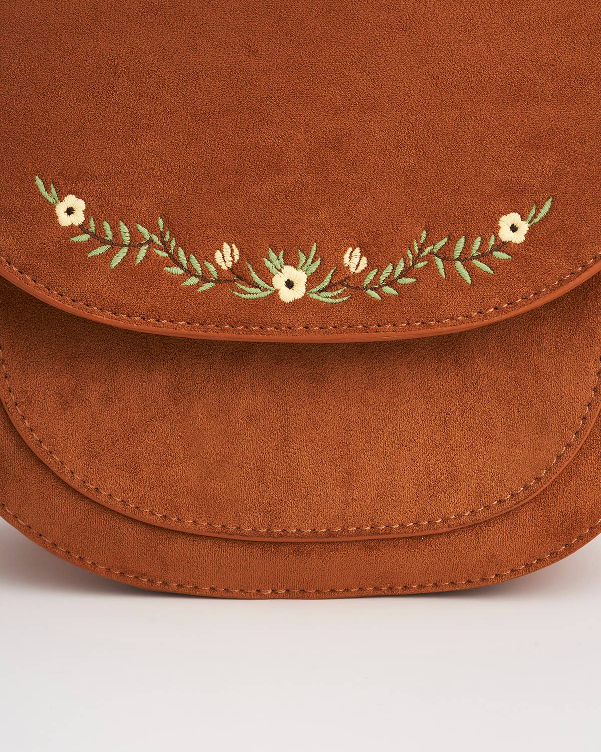 Floral Tan Faux Suede Embroidered Saddle Bag