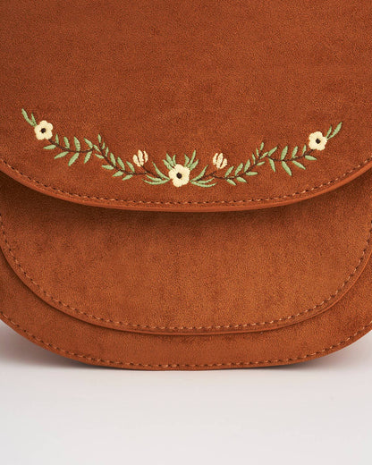 Floral Tan Faux Suede Embroidered Saddle Bag