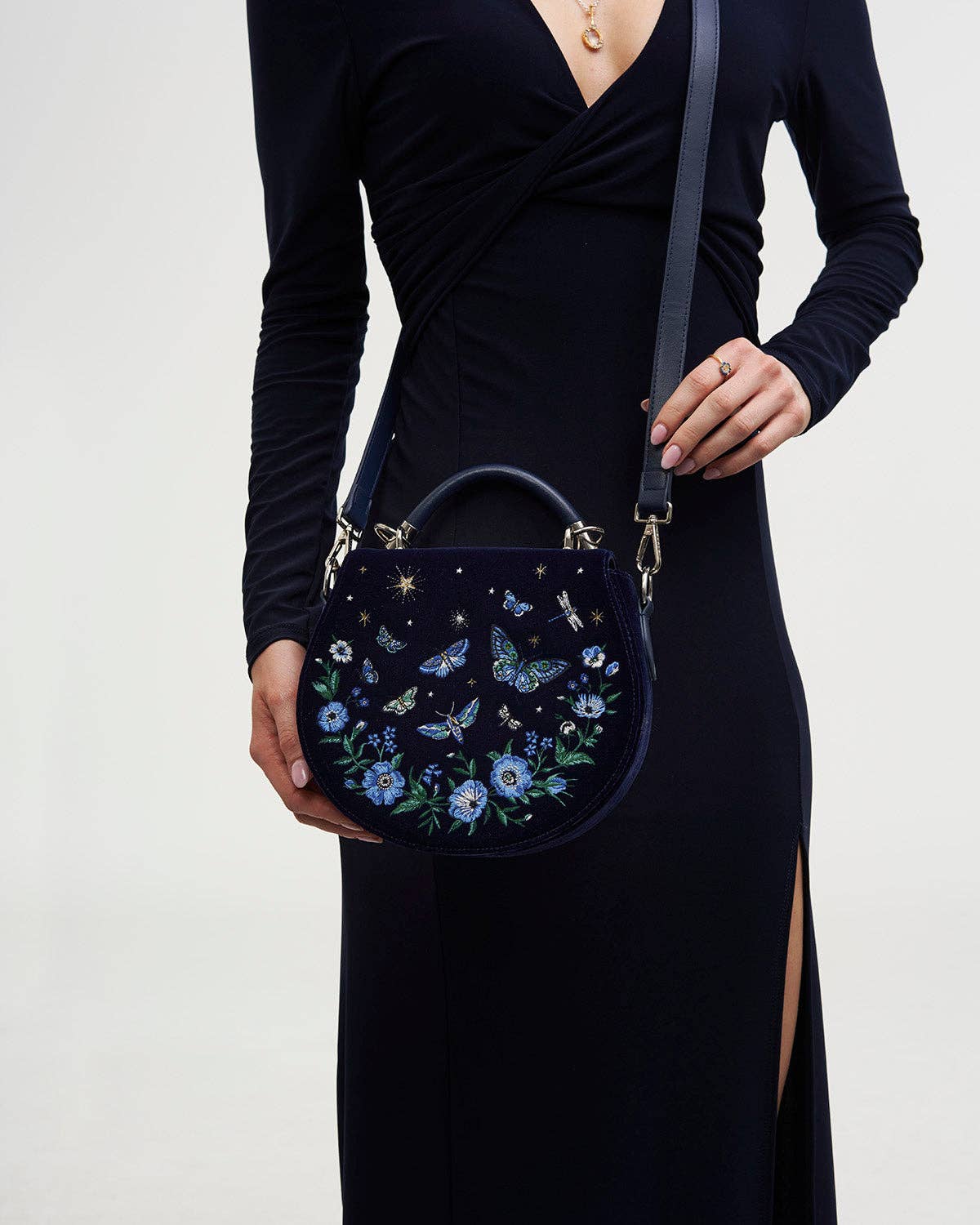 Charlotte Butterfly Embroidered Saddle Bag in Navy Velvet