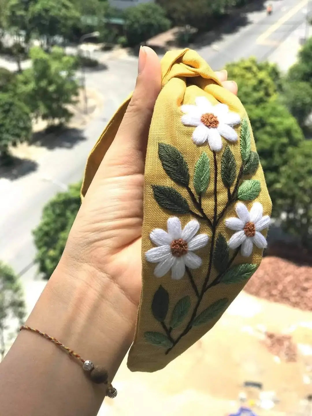 Floral Embroidered Linen Knot Turban-Style Headband