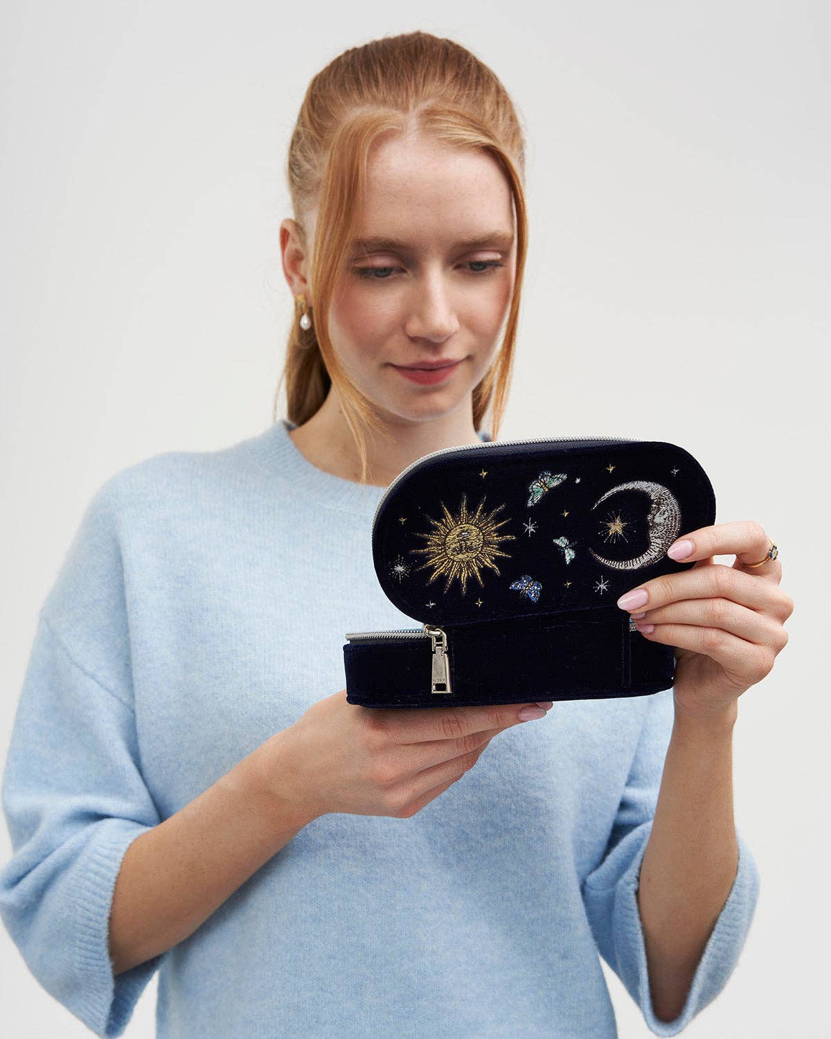 Night Sky Embroidered Oval Jewelry Box in Navy Velvet